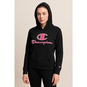 Y2K Streetwear Black Champion Hoodie Pink Logo Pullover Size M